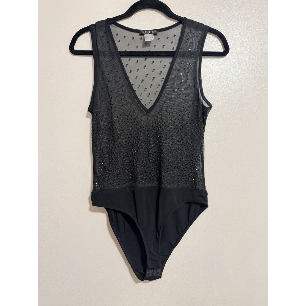 Venus Black Rhinestone Sheer Body Suit Size small Whimsigoth Festival Rave Night